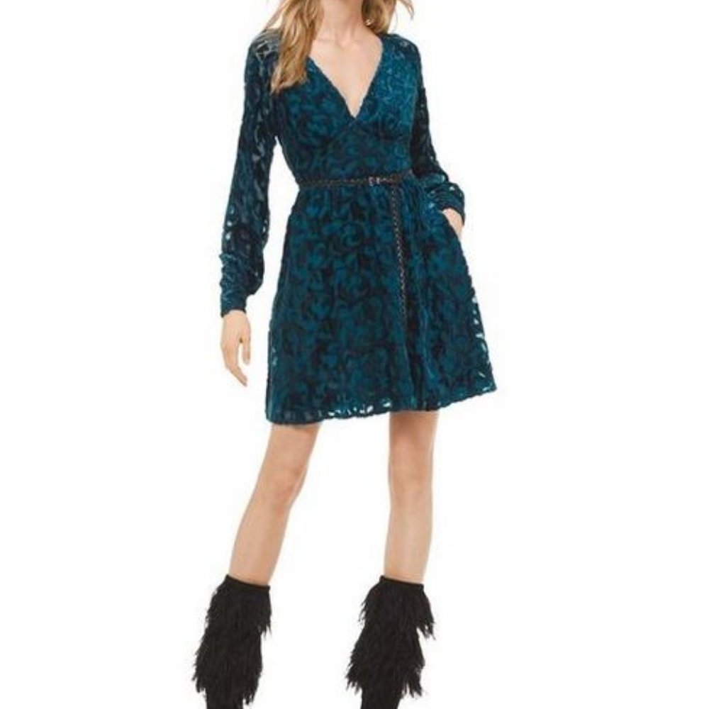 Michael Kors Luxe Teal Metallic Burnout Mesh A Line Dress